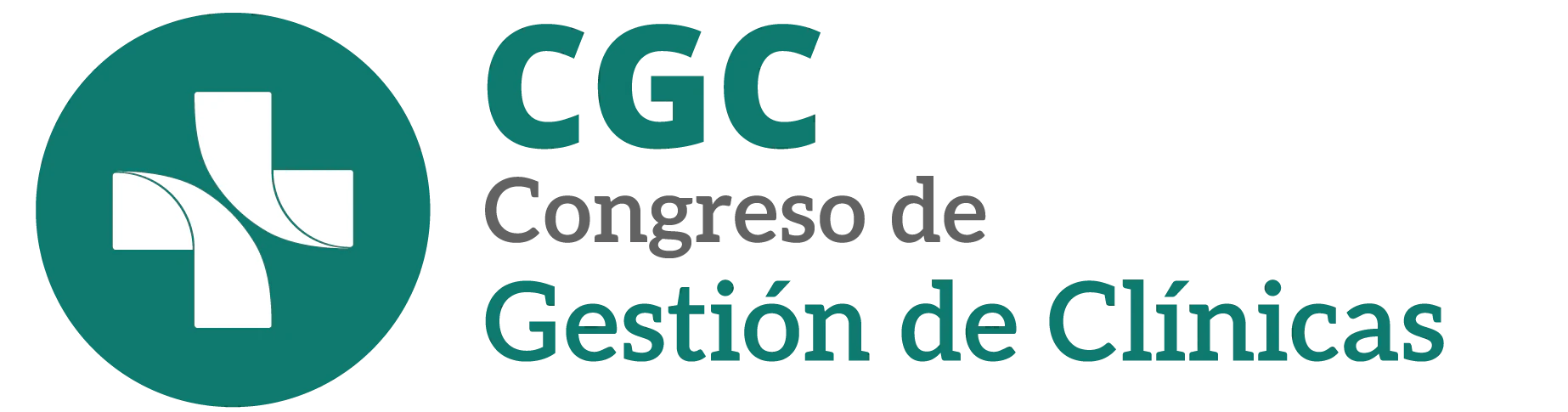 Botón rectangular verde oscuro con bordes redondeados que contiene el logotipo de CGC (una cruz blanca sobre círculos superpuestos en tonos de verde azulado) a la izquierda y el texto 'CGC Congreso Gestión de Clínicas' en blanco y verde agua a la derecha.