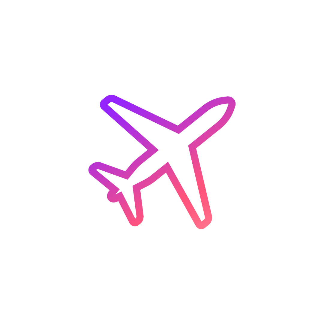 A an airplane icon in a pink and purple gradient.