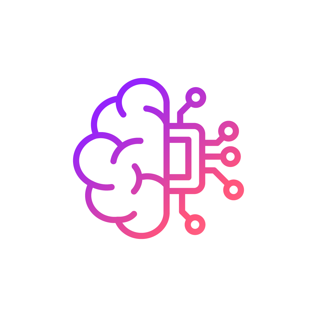 A pink and purple gradient icon with the left side showing a graphic of a brain and the right side showing a graphic of a computer chip.