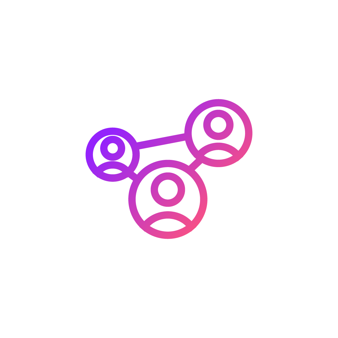 A pink and purple gradient icon showing people being connected.