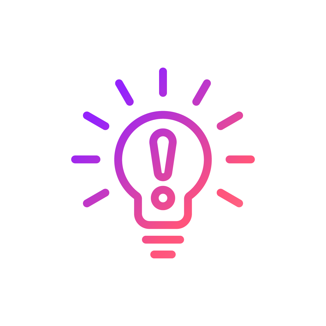 A pink and purple gradient icon of a lightbulb going off.