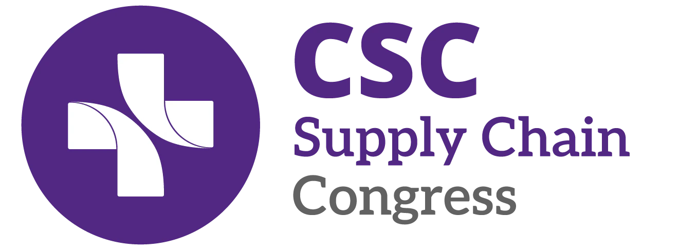 Dark brown rectangular button with rounded corners containing the CSC logo (a white cross over overlapping circles in shades of bronze and brown) on the left and the text 'CSC Supply Chain Congress' in white and bronze on the right.