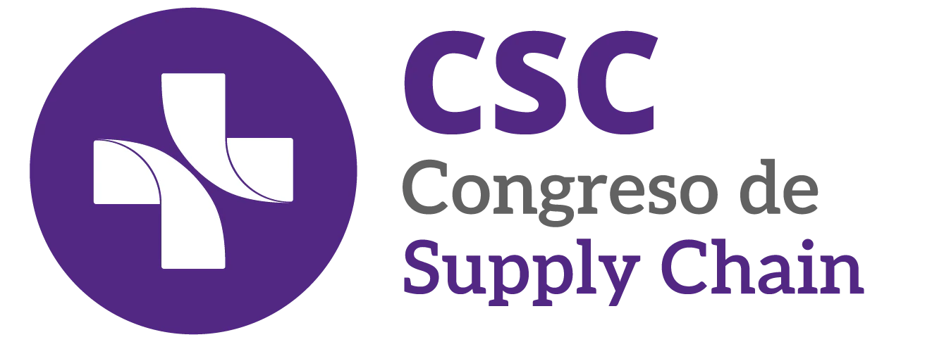 Botón rectangular marrón oscuro con bordes redondeados que contiene el logotipo de CSC (una cruz blanca sobre círculos superpuestos en tonos de bronce y marrón) a la izquierda y el texto 'CSC Congreso de Supply Chain' en blanco y bronce a la derecha.