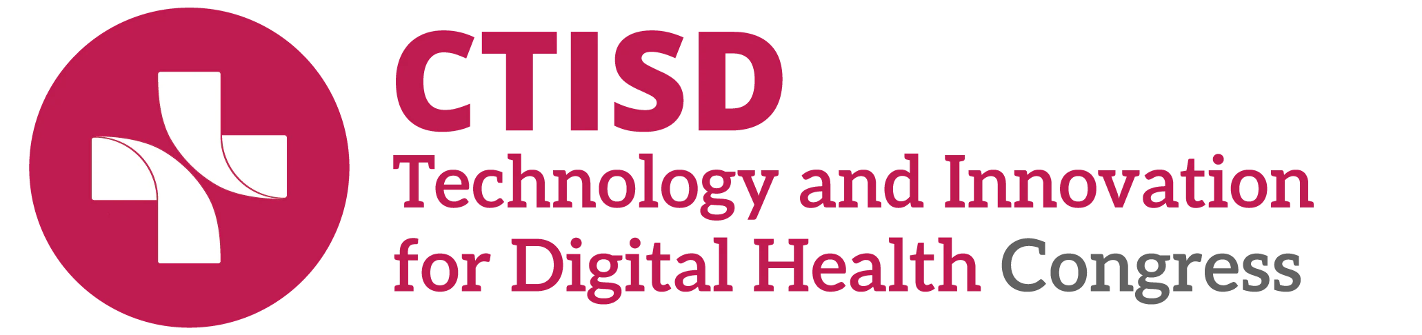 Burgundy rectangular button with rounded corners containing the CTISD logo (a white cross over overlapping circles in shades of pink and magenta) on the left and the text 'CTISD Digital Health Technology and Innovation Congress' in white and pink on the right.