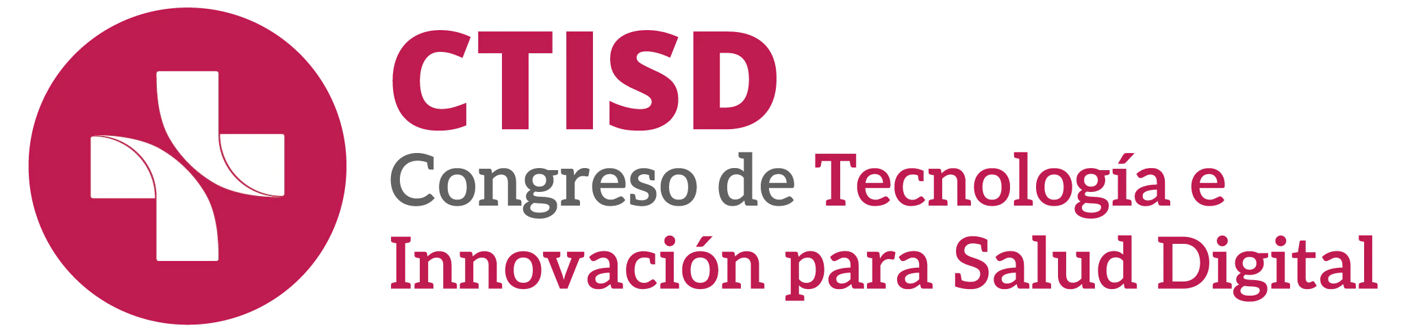 Botón rectangular burdeos con bordes redondeados que contiene el logotipo de CTISD (una cruz blanca sobre círculos superpuestos en tonos de rosa y magenta) a la izquierda y el texto 'CTISD Congreso de Tecnología e Innovación para la Salud Digital' en blanco y rosa a la derecha.