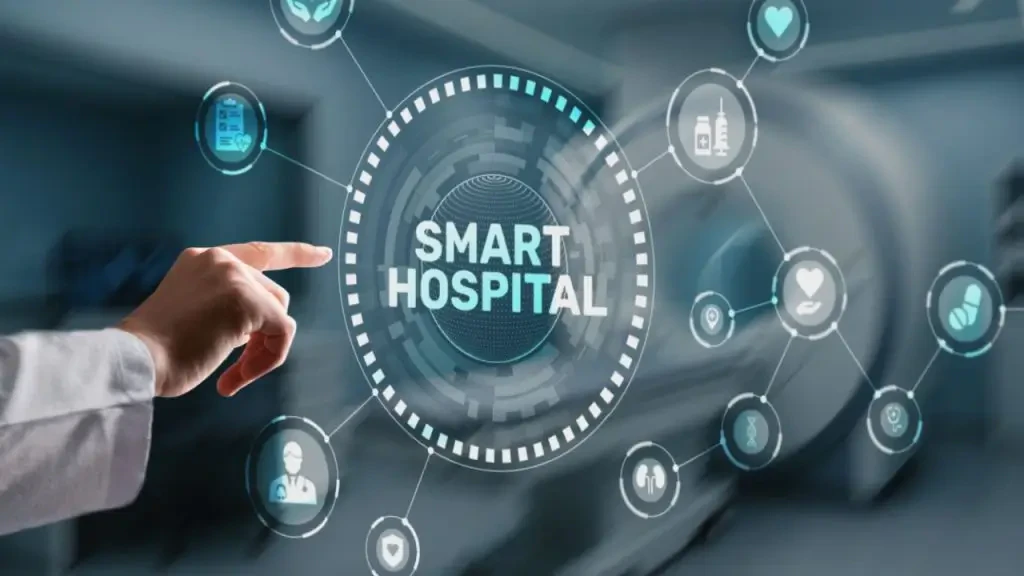 Interface digital de um "Smart Hospital" com ícones de telemedicina e diagnóstico por imagem. Representação da estreia de novas tecnologias e soluções de saúde inteligente na feira Hospitalar 2026.