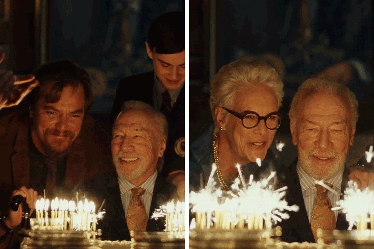 Two scenes of Harlan blowing out candles on a cake, but each has a different sub-family around him