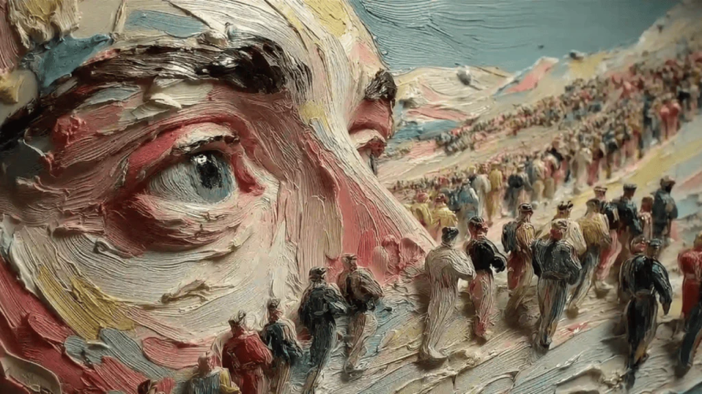 Ilustração estilo pintura a óleo com rosto humano em close ocupando a esquerda da imagem, enquanto uma multidão de pequenas figuras caminha sobre a superfície pintada em direção ao horizonte.