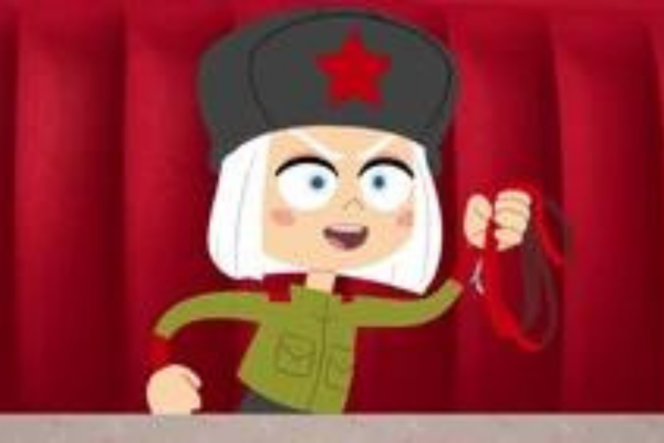 In a gray hat with a red star on it, a girl with white hair wearing a green jacket with red details, is holding something red in her hand and she looks like she is fired up with what she is talking about.