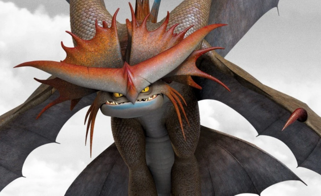 A large dragon with a grey body flies away from the clouds. Its facial features extend in all directions creating a mask like effect.