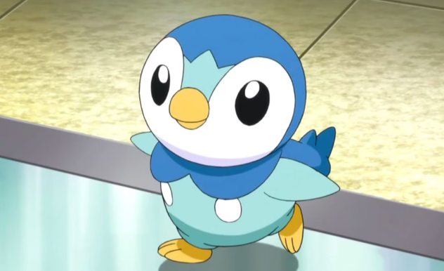 Piplup, a blue bird that looks like a sparrow and a penguin, steps onto ice, sliding on its right foot, extending its arms out to either side.
