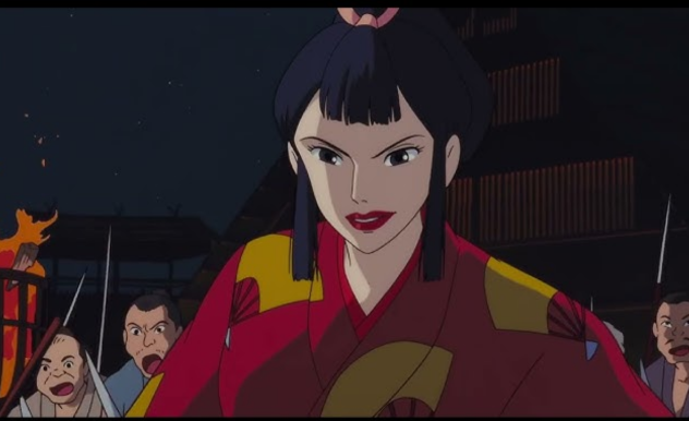 Lady Ebosi smiles menacingly. Her red lipstick matches his red kimono, which also features yellow fans.