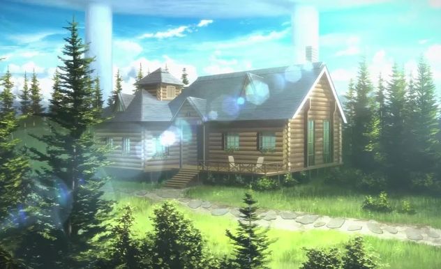 a rustic cozy log cabin in the middle of the woods on a sunny day