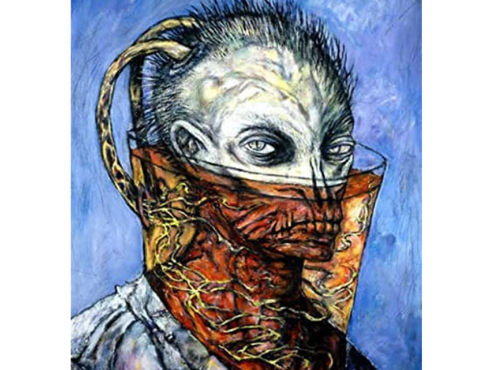 An oil painting of a man-looking-creature with tubes coming out of his shaved head & a glass bowl around his mouth & neck.