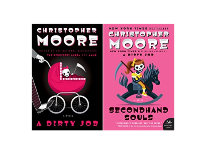 Cover art for Christopher Moore's books A Dirty Job and Secondhand Souls