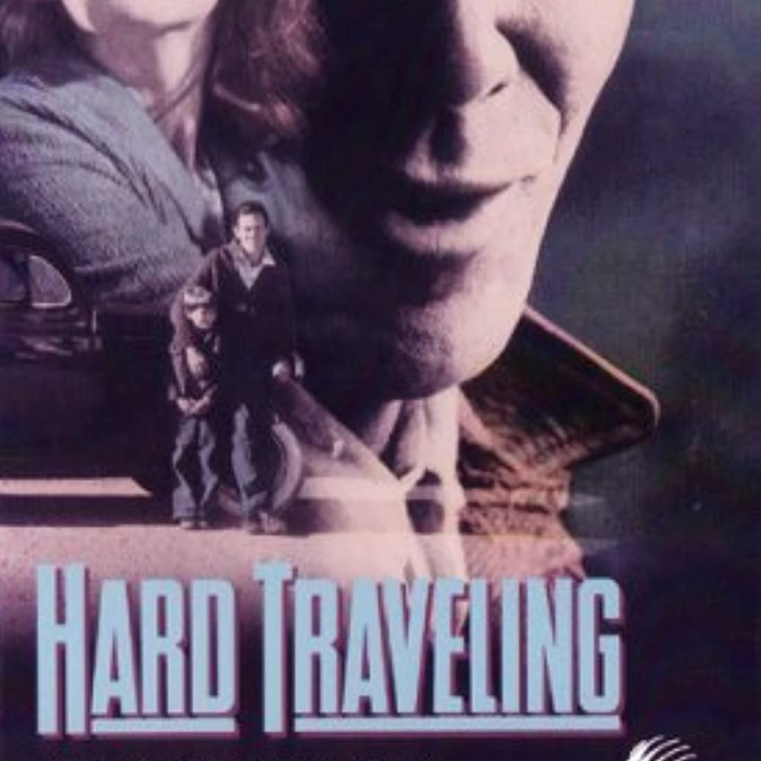 Poster of Hard Traveling. Two floating heads of a man and a woman hovering above an man and a child standing in front of a car.