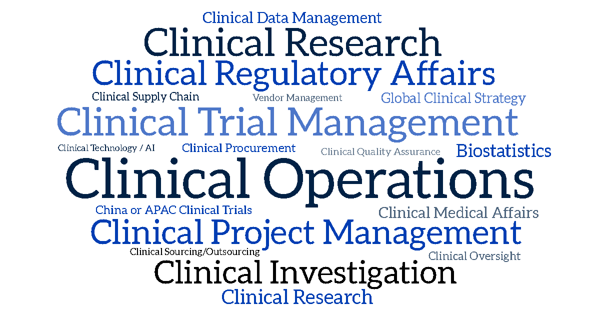 Clinical Operations •  Clinical Trial Management  •  Clinical Project Management  •  Clinical Regulatory Affairs  •  Clinical Investigation  •  Clinical Research  •  Clinical Data Management  •  Clinical Research  •  Clinical Medical Affairs  •  Global Clinical Strategy  •  China or APAC Clinical Trials  •  Biostatistics  •  Clinical Quality Assurance  •  Clinical Technology / AI  •  Clinical Oversight  •  Clinical Procurement  •  Clinical Sourcing/Outsourcing  •  Clinical Supply Chain  •  Vendor Management