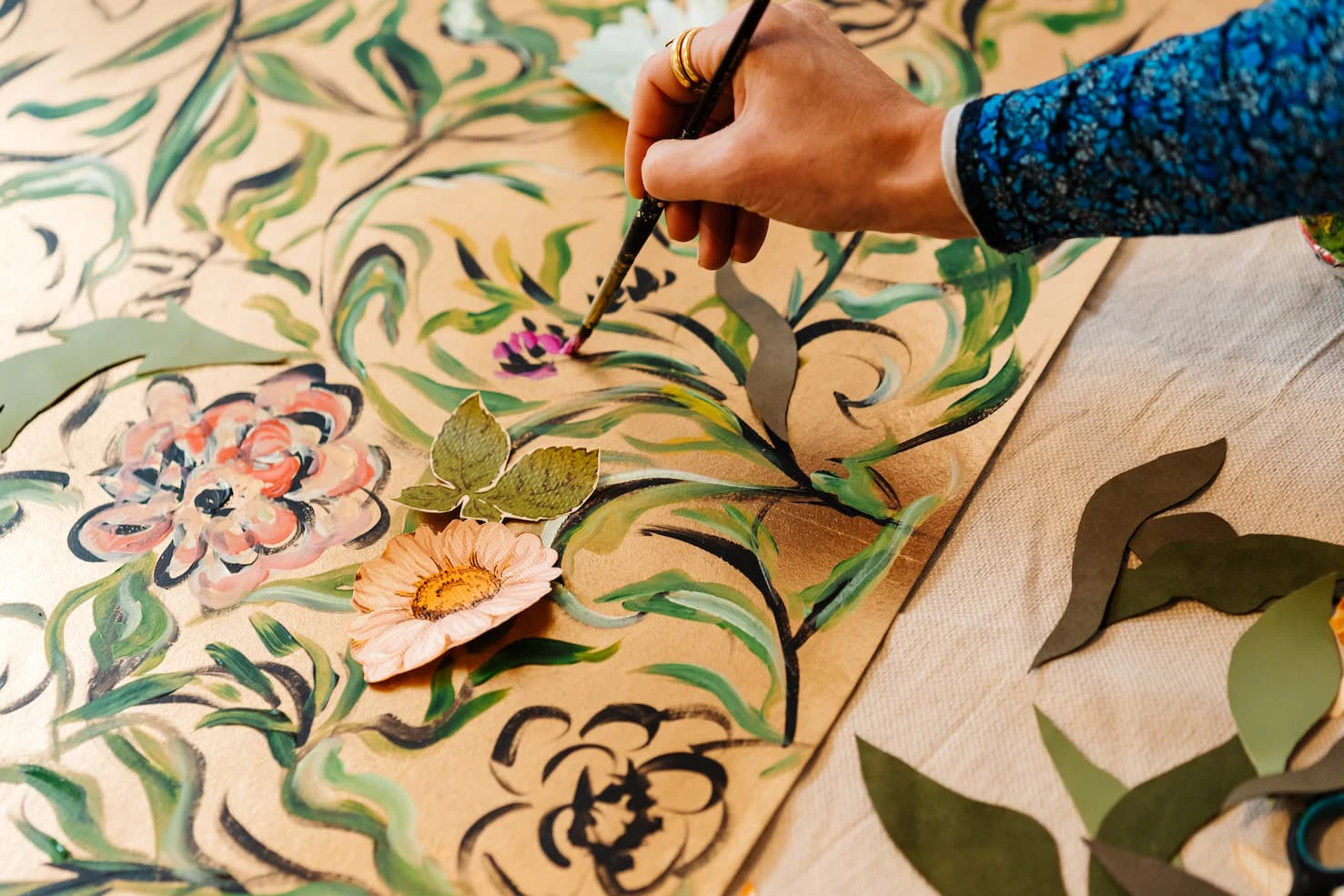 floral painting in green and dusty pink colours