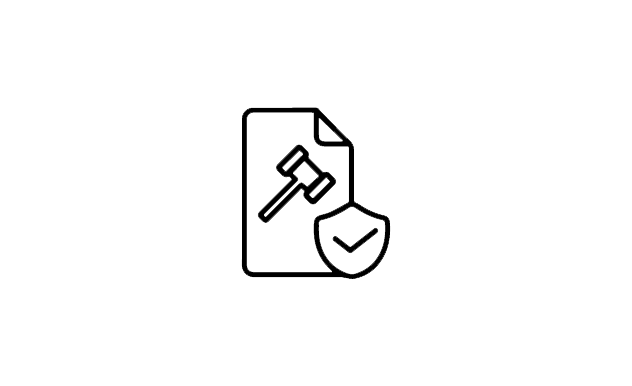 clip art of a piece of paper with a gavel on it. On top of the paper is a security badge with a checkmark on it.