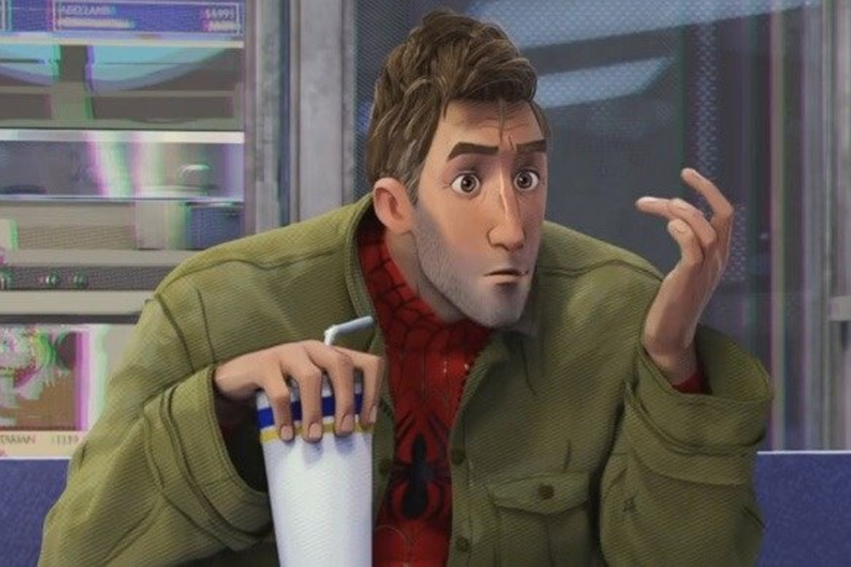 Peter B. Parker looking surprised wearing a green jacket over his spider-man suit