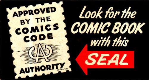An old advertisement for buying comic books with a stamp graphic on it