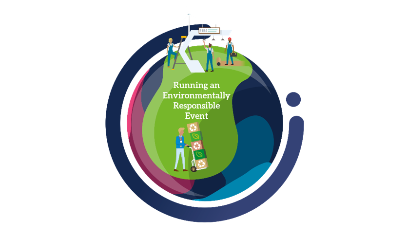 Illustration of people setting up for an event with eco-friendly practices and the text "Running an Environmentally Responsible Event.