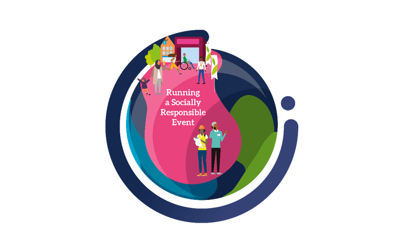 Illustration of diverse individuals participating in community activities, with the text "Running a Socially Responsible Event."