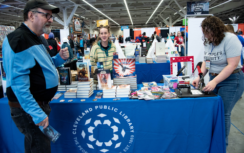 a Star Trek cosplayer visiting the Cleveland Public Library booth in the community zone