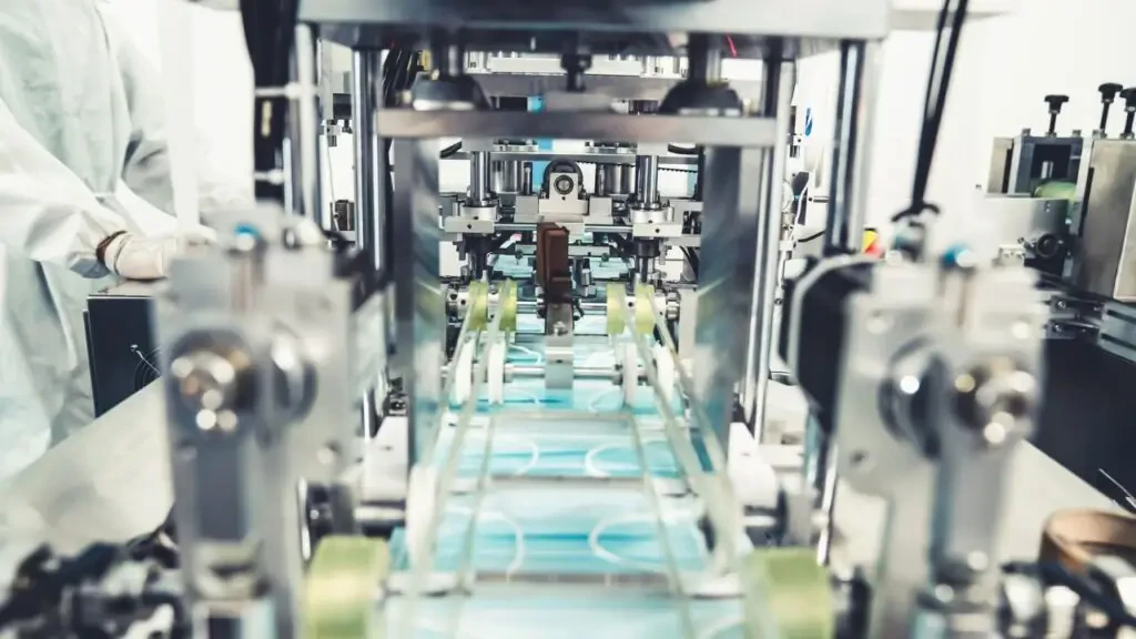 Maquinário automatizado produzindo máscaras cirúrgicas em linha de montagem da indústria farmacêutica e médica.