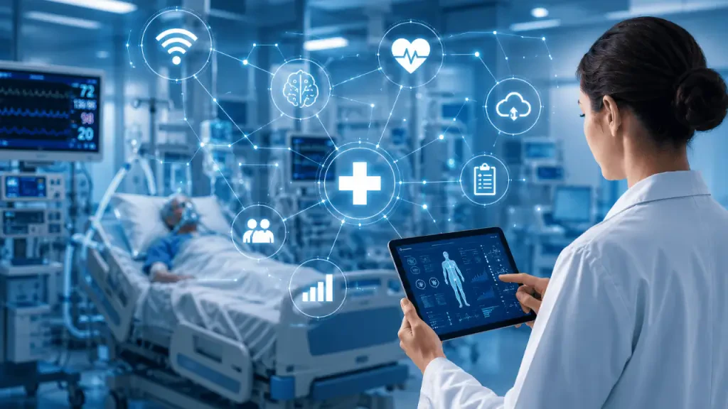 Profissional de saúde utiliza tablet para monitoramento de paciente em tempo real, exemplificando a conectividade e inteligência artificial na hospitalização inteligente discutida na Hospitalar 2026.