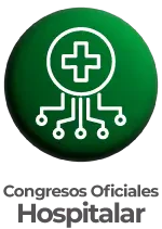 Botón circular verde con un ícono de cruz médica conectada a circuitos y el texto 'Congresos Oficiales Hospitalar' debajo.