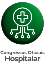 Botão circular verde com ícone de cruz médica conectada a circuitos e o texto 'Congressos Oficiais Hospitalar' abaixo.