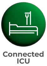 Circular green button with a hospital stretcher icon and the text 'Connected ICU' below.