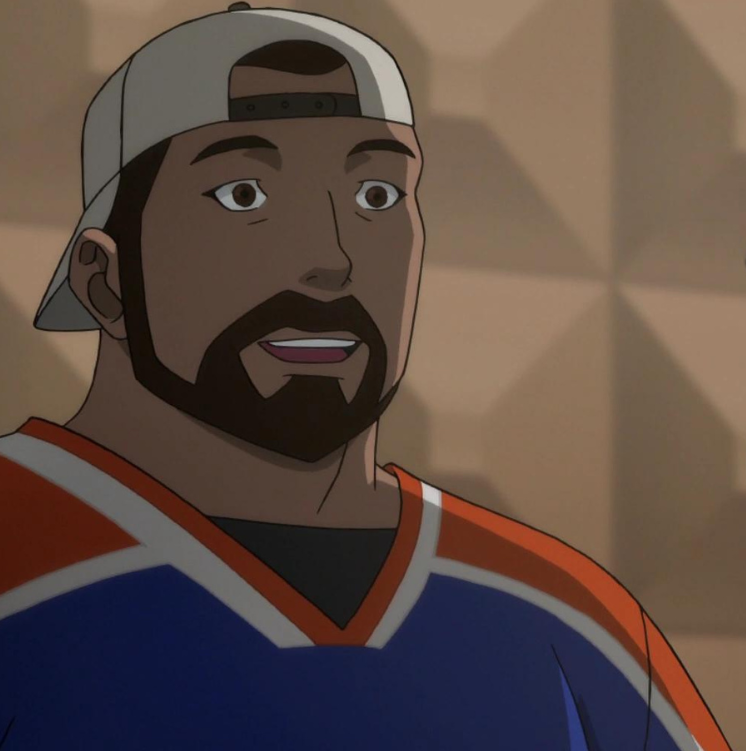 Animated version of Kevin Smith. He is wearing a hockey jersey looking shirt (blue, orange, and white). He is wearing a back wards white hat.