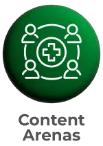 Networking icon with professionals connected around a medical symbol, representing the Hospitalar Content Arenas with lectures and discussions on health.