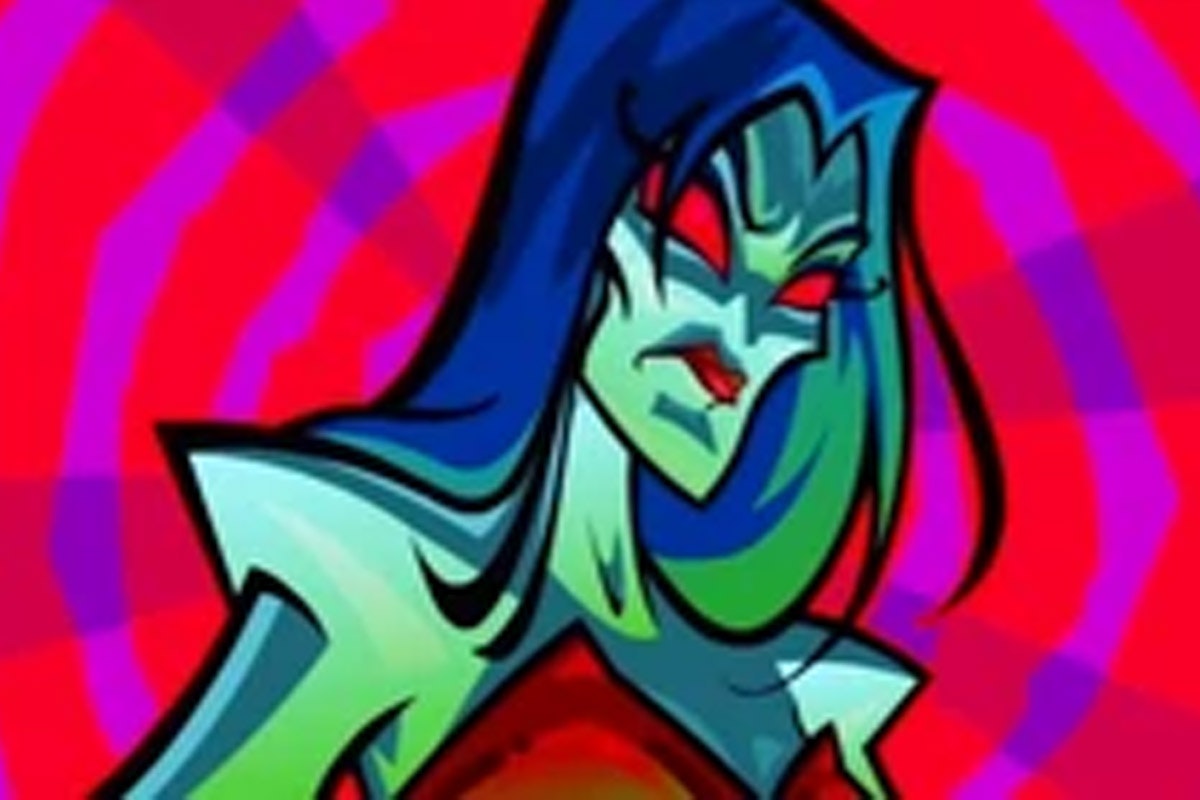 A blue skinned half-spider half-human with blue hair stares at the camera with red eyes