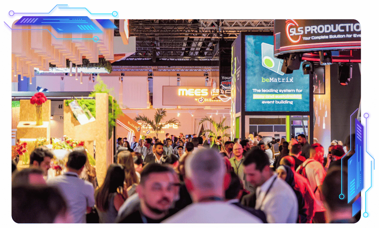 Middle East Event Show (MEES) exhibition floor with event tech booths, exhibitors, and attendees in Dubai