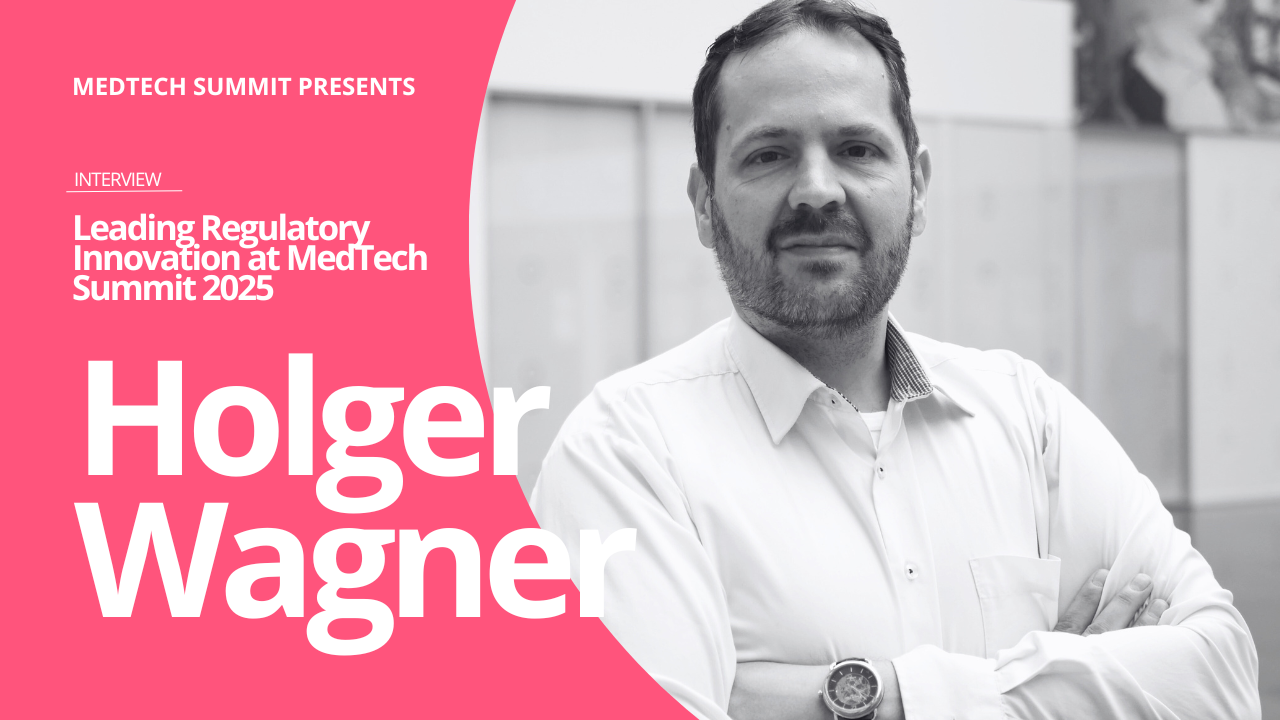 A promotional graphic featuring Holger Wagner for his interview at the MedTech Summit. The image highlights his presentation at the MedTech Summit 2025, where he shared key insights on regulatory excellence and industry advancements.