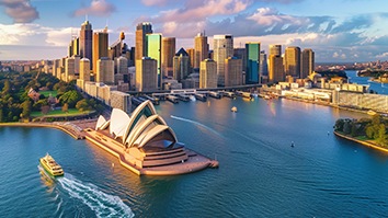 Ferry glides past Sydney Opera House in Sydney Harbour (Australia)