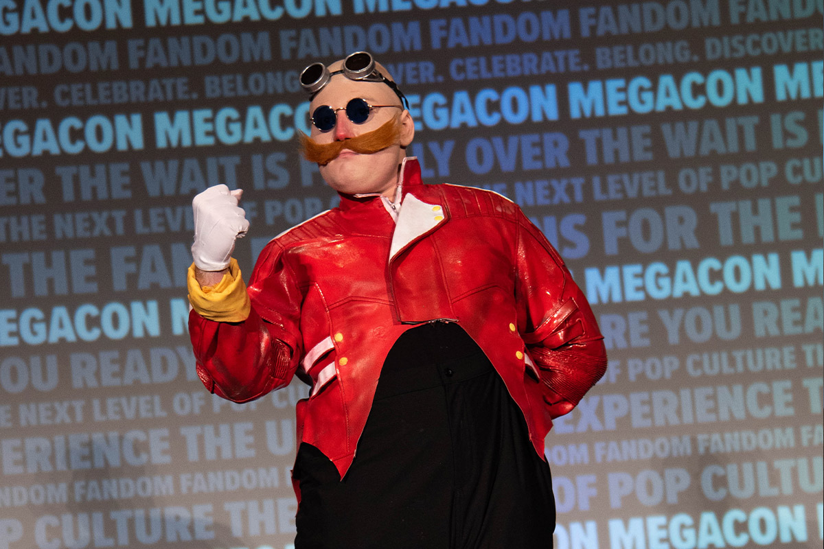 A cosplayer dressed as Egghead from Sonic