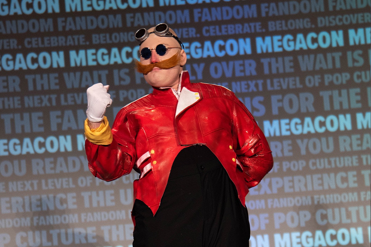 A cosplayer dressed as Egghead from Sonic