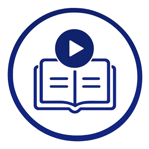 Navy blue open book with a play button icon representing expert-led educational sessions and curated conference content.