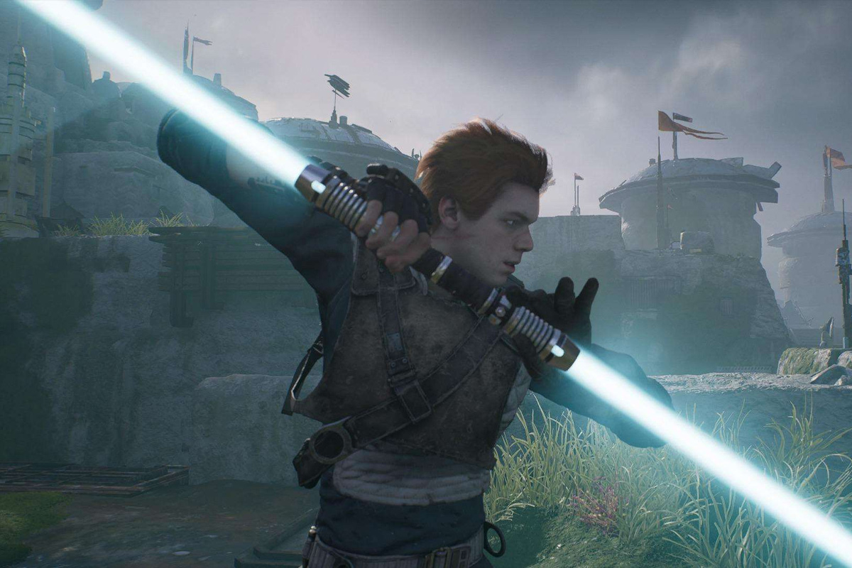 Cal Kestis from Jedi Fallen Order with his dual Cyan lightsaber activated
