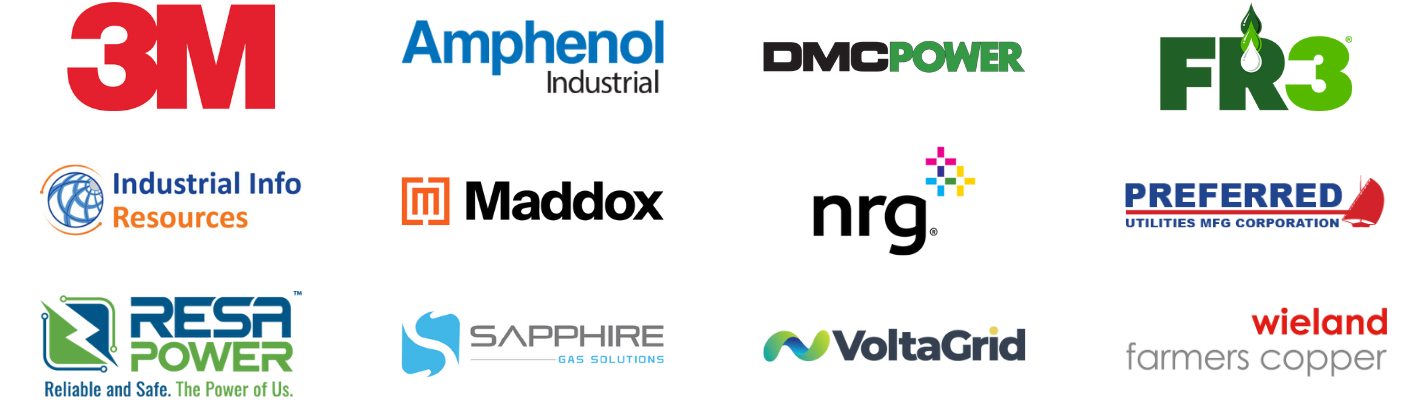 DCW Exhibitor Logos: 3M, Amphenol Industrial, DMC Power, FR3 Fluid, a Cargill brand, Industrial Info Resources, Maddox Industrial Transformer, NRG Energy, Preferred Utilities Manufacturing Corporation, Resa Power, Sapphire Gas Solutions, VoltaGrid, Wieland Farmers Copper