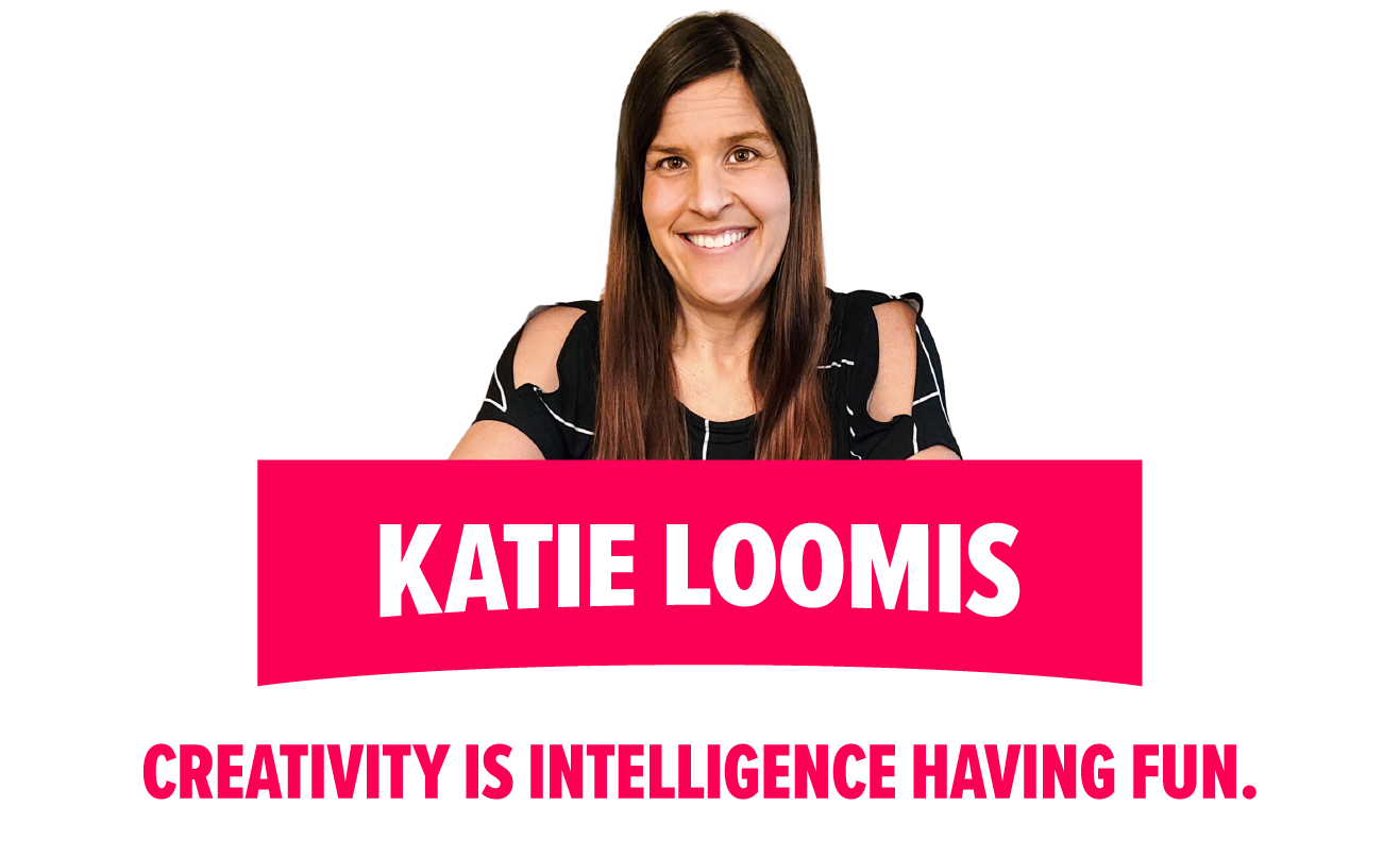 Picture of a woman with long, brown hair, wearing a black top. Background text says "Creativity is intelligence having fun."