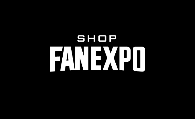 shop fan expo logo with a black background