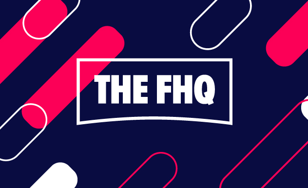 fhq newsletter logo, with a blue background and ovals colored in pink and white