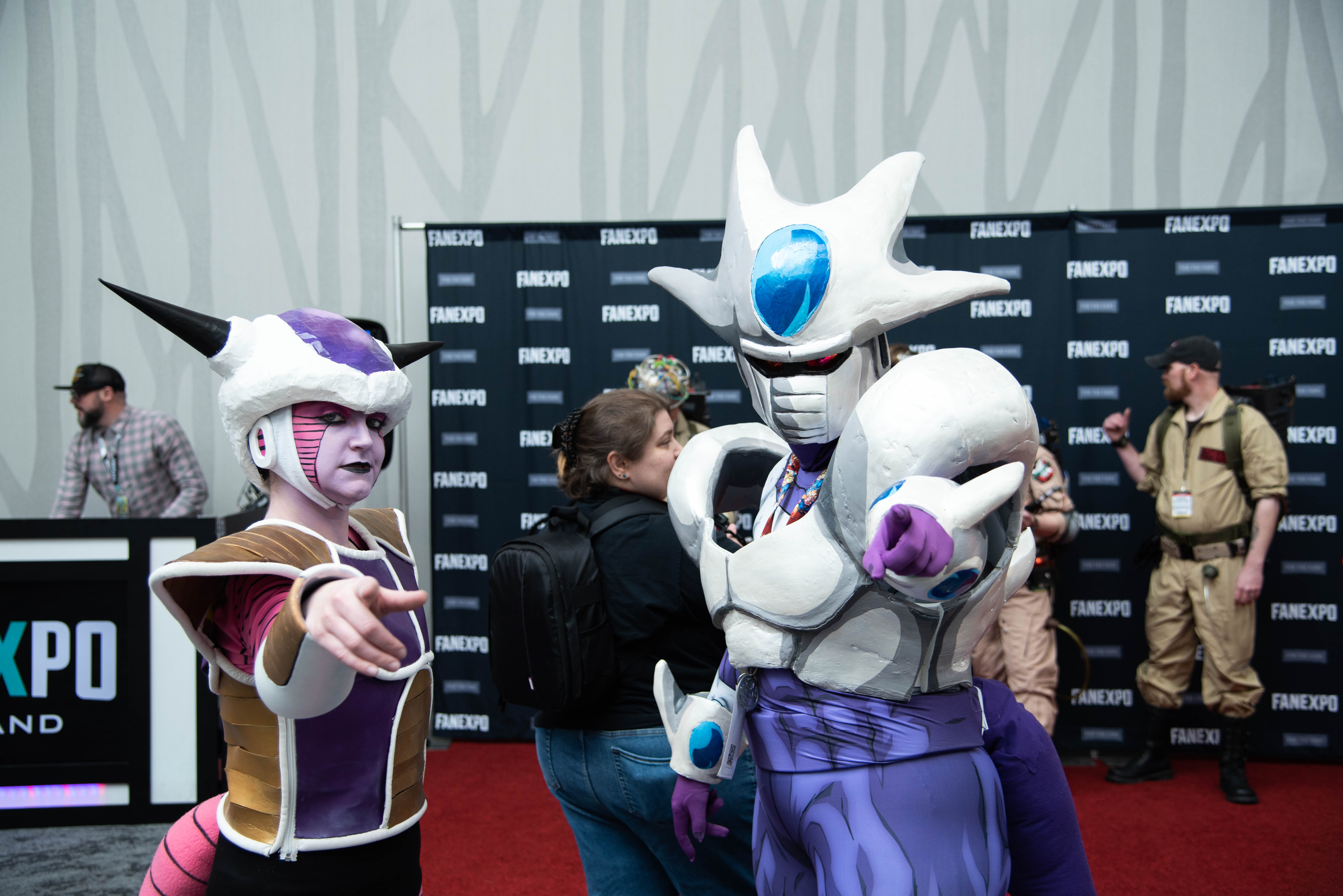 Dragon Ball Z cosplayers pose as they get ready to take the red carpet
