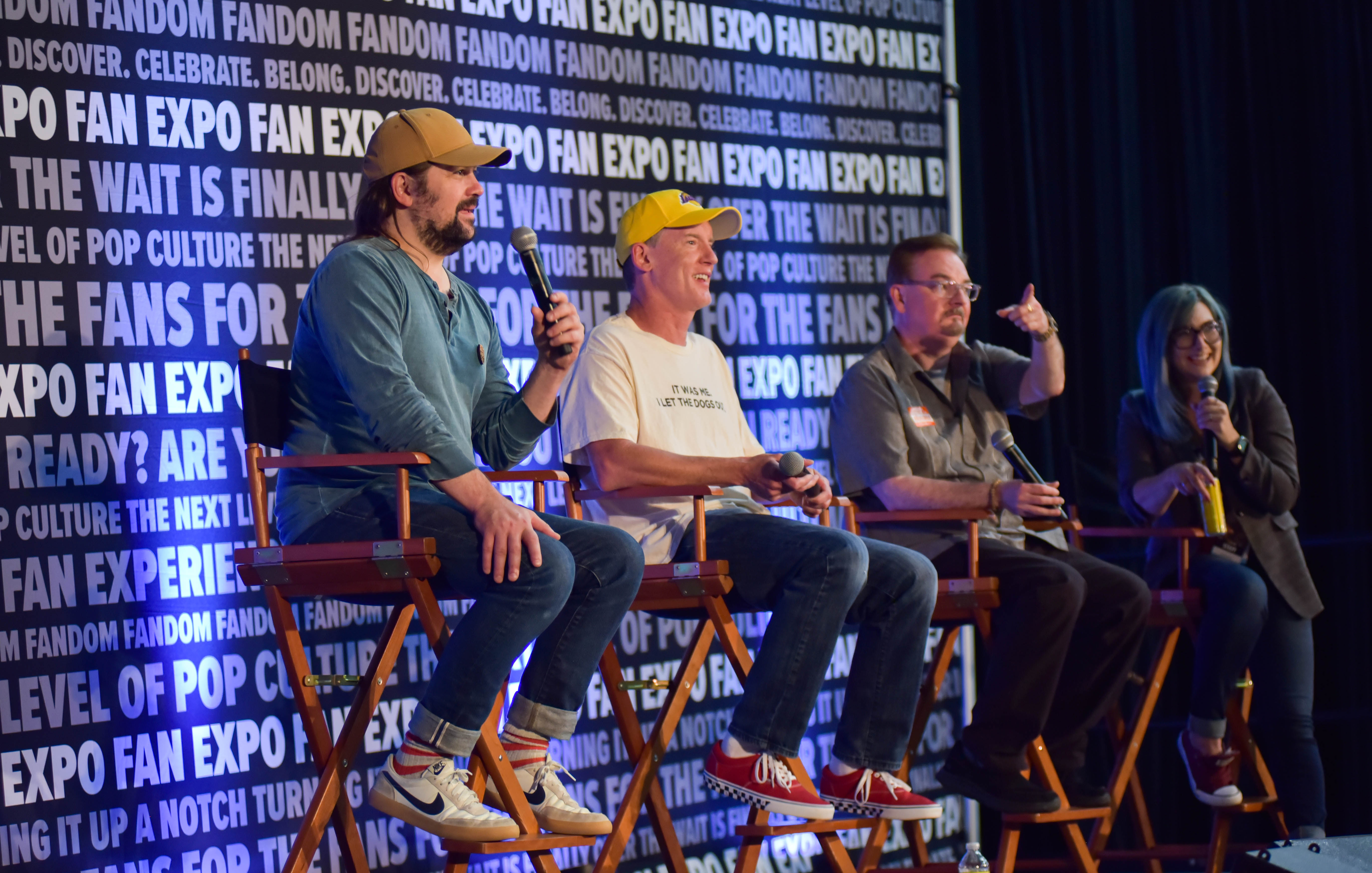 Members of the Clerks cast at their panel. From left to right: Trevor Fehrman, Jeff Anderson, and Brian O'Halloran.
