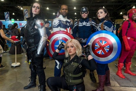 Group cosplay of the Winter Solider, Captain America (Sam Wilson), Captain America (Steve Rogers), Captain Carter, and Sharon Carter